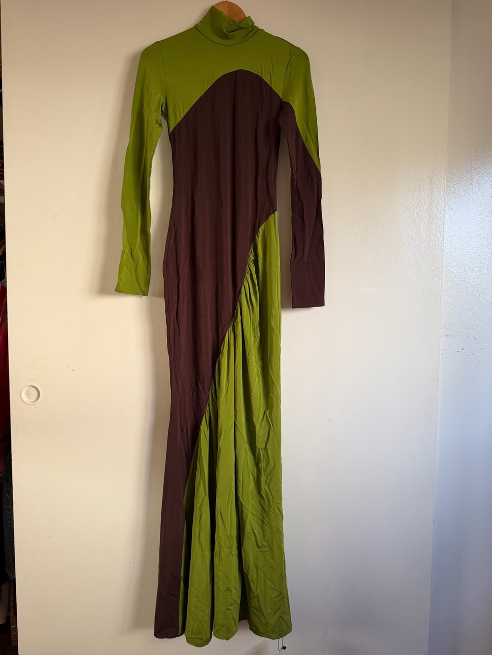 Colorblock Olive Green and Brown Long Sleeve Maxi Dress